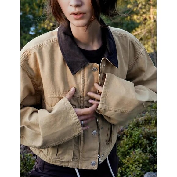 Womens Cropped Jacket Contrast Collar Utility Coat Cargo Jacket Barn Jacket Outw - Picture 2 of 6